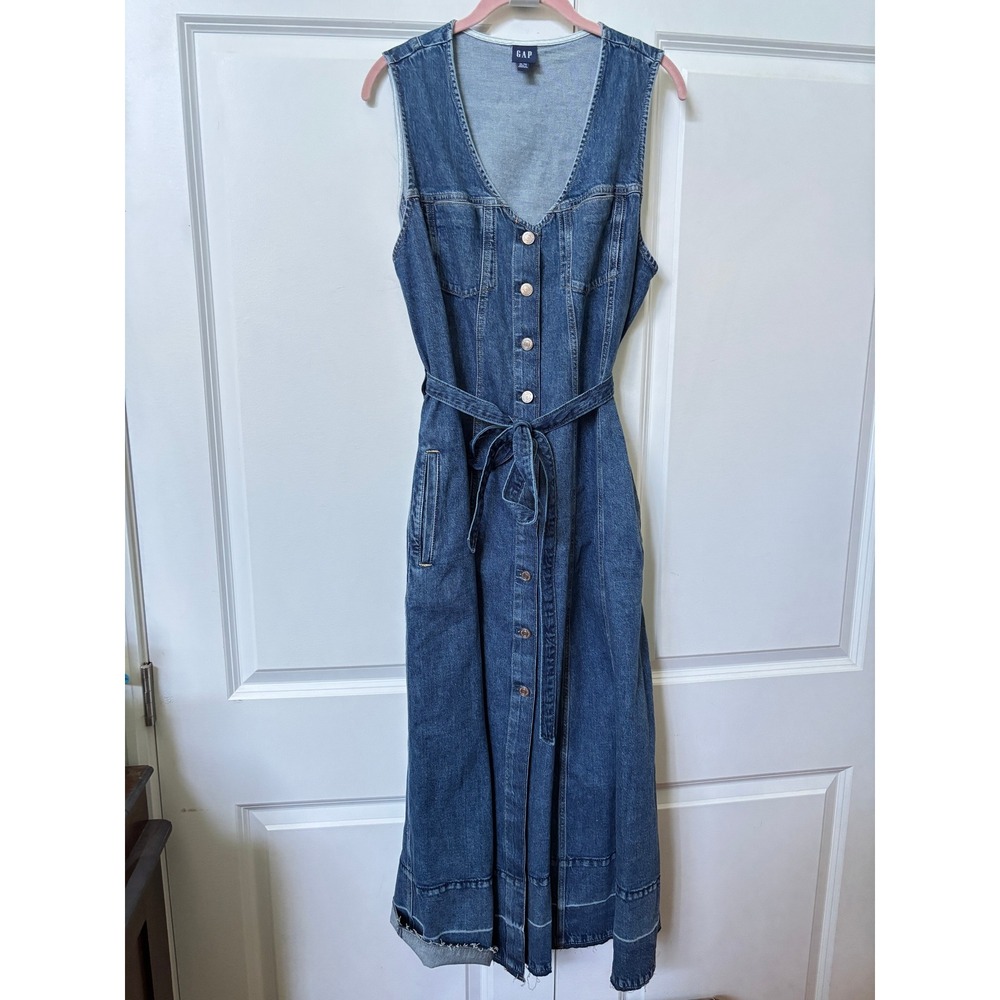 Gap Denim Tie Belt Button Front Maxi Dress Womens XL Dark Wash V-neck Denim - Picture 2 of 10